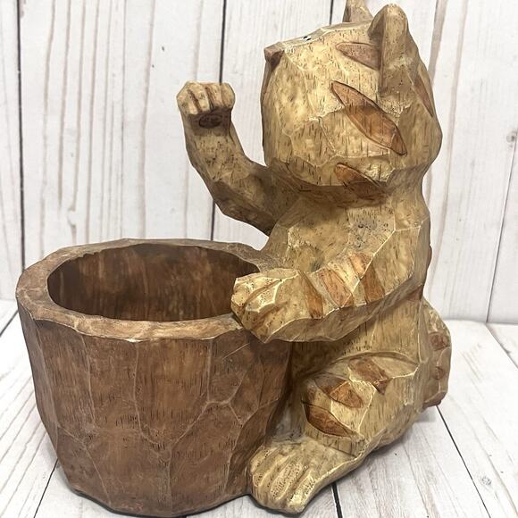 Boho Hand Carved Primitive Wooden Cat Planter or Utensil Holder Rustic Folk Art - Picture 9 of 13